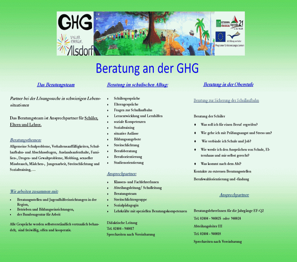 Hier erfahrt ihr etwas über die schulischen Beratungsangebote der gustav-Heinemann-Gesamtschule Alsdorf, aber auch etwas über Lösungssuche in schwierigen Lebenssituationen.