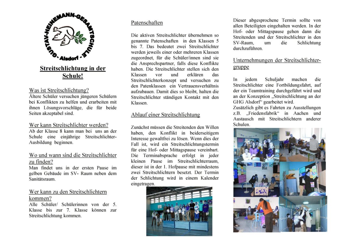 Streitschlichtung an der Gustav-Heinemann-Gesamtschule Alsdorf: Das Streitschlichtungsteam stellt sich mit seinen Kompetenzen vor. Die Ausbildung wird von zwei ausgebildeten KollegenInnen geleitet, die die Streitschlichter auch später in ihrer Arbeit begleiten. SchülerInnen des 8. und 9. Jahrganges werden zur Zeit ausgebildet. Eine zweieinhalbtägige Kompaktschulung außerhalb der Schule gehört mit zum Ausbildungsprogramm, das durch Fördermittel aus dem GÖS-Programm unterstützt wird und einen Aspekt der Agendaarbeit an der Schule darstellt.