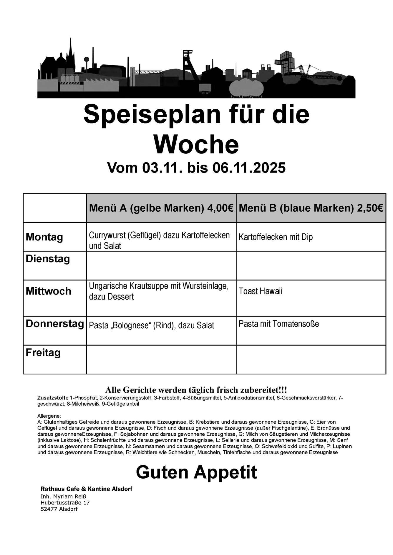 Speiseplan der Woche. Auch zum Download als PDF-Datei!