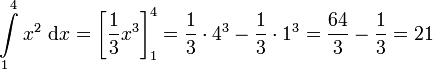 \int\limits_1^4 x^2 \ \mathrm{d}x = \left[ \frac{1}{3} x^3 \right]_1^4 = \frac{1}{3} \cdot 4^3 - \frac{1}{3} \cdot 1^3 = \frac{64}{3} - \frac{1}{3} = 21