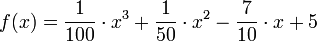 f(x) = \frac{1}{100} \cdot x^3 + \frac{1}{50} \cdot x^2 - \frac{7}{10} \cdot x + 5